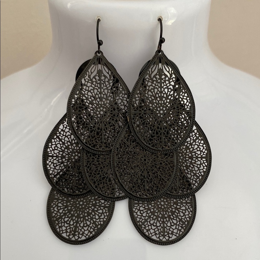 Black Filigree Teardrop Dangle Earrings - Elegant Layered Style